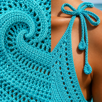 Mini-robe femme personnalisée au crochet à la main, motif vague, turquoise, col en V, bretelles spaghetti, ajourée, moulante, plage, OEM, vente en gros, marque privée