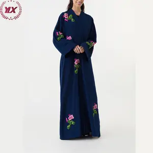 2023 Modest Abaya Navy Blue Pink Floral Applique Polyester Crepe Open Closed Front Muslim Women Dress Abaya Islamic Clothing