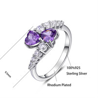 Bague de Fiançailles et de Mariage QX Personnalisée OEM en Argent Sterling 925 avec Double Cœur en Zircon Cubique Violet 8A pour Femme