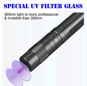 Mini <span class=keywords><strong>linterna</strong></span> <span class=keywords><strong>ultravioleta</strong></span> <span class=keywords><strong>profesional</strong></span> 365nm UV Pen Light con filtro negro Pen Clip Detector de dinero Cuerpo de lámpara de aluminio - Product Image 3