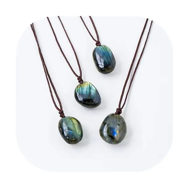 Holesale-colgante de cristal pulido con piedra en espiral, joyería de moda con cuerda natural azul, labradorita