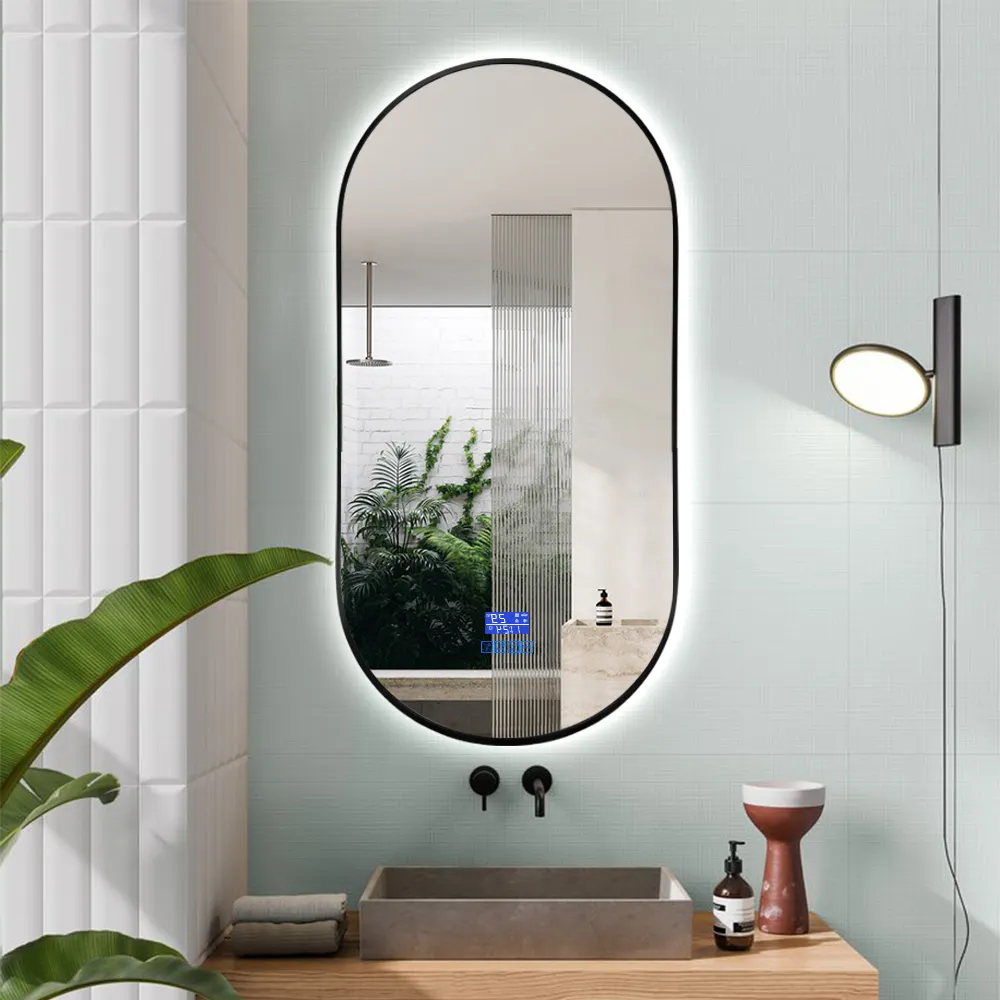 Oval shape lighted mirror black framed bathroom led mirror backlit design