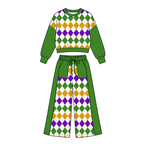 Preordina il set 2 pezzi Yawoo per bambine: felpa corta a righe gingham e pois colorblock e pantaloni a gamba larga per il Mardi Gras - Product Image 5