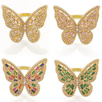 Anillo Abierto de Latón con Diseño de Mariposa Geométrica, Chapado en Oro de 14K, con Circonita, Estilo Lujoso, Unisex, para Oficina/Trabajo