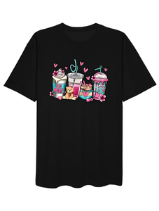 T-shirt pour femme pour la Saint-Valentin, imprimé tasse de café, coupe ample, manches courtes, col rond, décontracté, été, 100% coton - Product Image 1