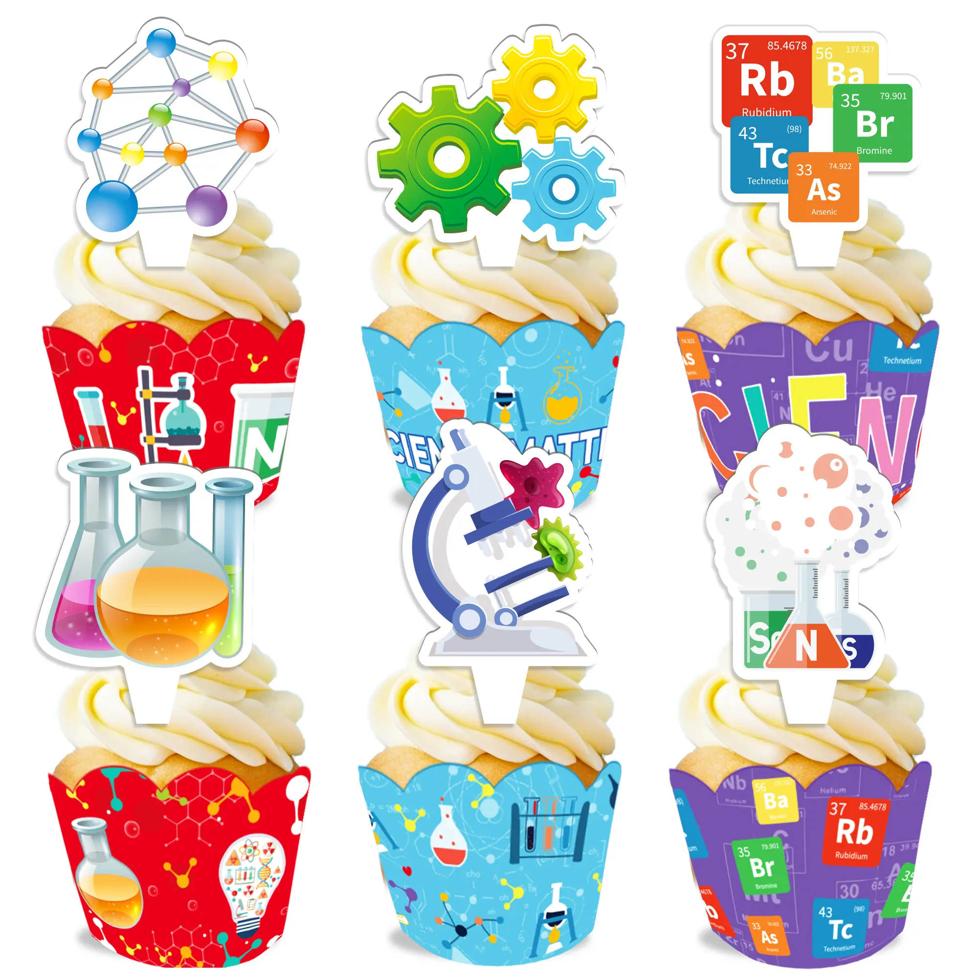 WB088 Science Themed Paper Cupcake Toppers & Wrappers for Kids Boys Science Birthday Party Decorations Cake Decorating Supplies