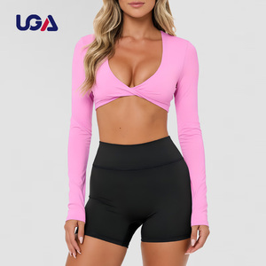 Twist-Front Hot Sexy Deep V- Neck Casual Activewear Workout Shirt Pilates Yoga Women's Long Sleeve Crop Top