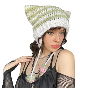Abby Phong Cách 2023 Mới Dệt Kim Sọc Hat Người Phụ Nữ Handmade Crochet Mèo Tai Beanie Hat Halloween Món Quà Mùa Đông Ấm Áp Quỷ Sừng Cap