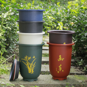 Pot de fleurs en résine imitation argile violette, épaissi, imprimé, style traditionnel chinois, pour plantes d'intérieur et d'extérieur - Product Image 1