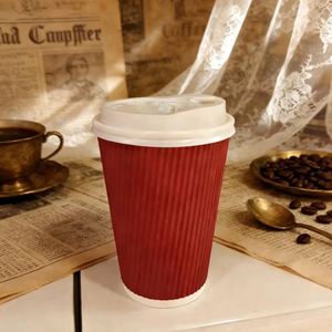 12oz Corrugated Disposable Recyclable Ripple Wall Takeaway Paper <b>Cups</b> with Sip Lid Covers for <b>Coffee</b> Shop Vending Machine - Product Image 5