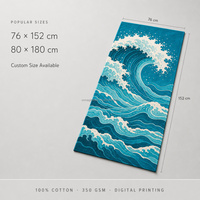 Serviette de plage en coton 100% turquoise à motif vague, impression numérique personnalisée, prix direct usine, haute densité (350-500 GSM), vente directe usine