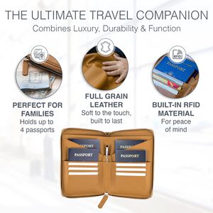 Genuine Leather Passport <b>Holder</b> 7 Inch Zipper Bi-Fold Multi-Functional <b>Document</b> Case For <b>Travel</b> Everyday Use - Product Image 2