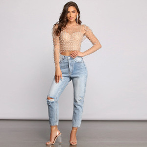 Vrouwen Wit Doorzichtig Kant Helder Diamant Kralen Mesh Shirt Zwart Lange Mouwen Doorschijnende Crop Blouse - Product Image 4