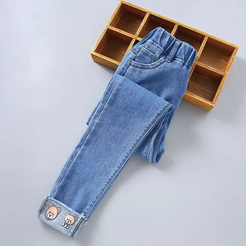 Baby girls' jeans fashion autumn sweet cotton slim flexible rubber band belt trousers leggings toddler kids denim pants