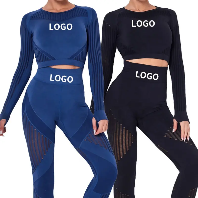 Vêtements de Fitness sans couture à manches longues, haut court, pantalon de Yoga, Leggings, costume de Sport, ensembles de Fitness pour femmes, vente en gros