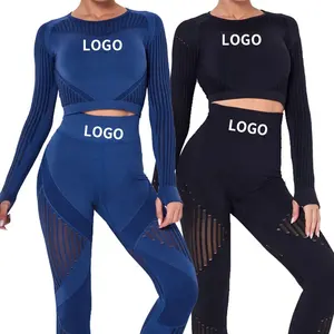Toptan spor kıyafetleri dikişsiz Activewear uzun kollu kırpma üst Yoga pantolon tayt spor takım elbise spor Fitness kadınlar için setleri