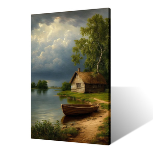 Stampa Artistica Moderna B&C ART con Paesaggio di Casa al Lago, Barca Vintage in Legno, <span class=keywords><strong>Riflessi</strong></span> Tranquilli sull'Acqua, Ispirata alla Natura ed Ecologica - Product Image 1