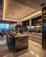 Îlot de cuisine moderne sur mesure avec sièges et comptoir en pierre cascade pour cuisine, salle à manger, maison, rénovation et décoration de maison moderne