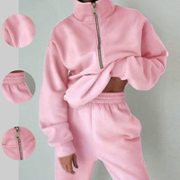 Ensemble 2 pièces pour femme : sweat à capuche décontracté en polyester, couleur unie, doublure polaire, col montant, manches longues, coupe droite, 720g