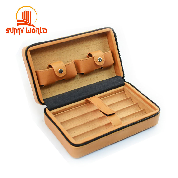 Пользовательский роскошный портативный кедровый хьюмидор коробка для путешествий 4 набора Кожаный деревянный портсигар
