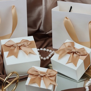 Custom Logo French <b>Champagne</b> Gold Paper Lid & Base Jewelry Storage <b>Box</b> with Bowknot - Product Image 1