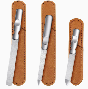 Stainless Steel Nail <b>File</b> Double Sided Manicure Pedicure Emery Board with Leather <b>Case</b> Non Slip Handle - Product Image 1