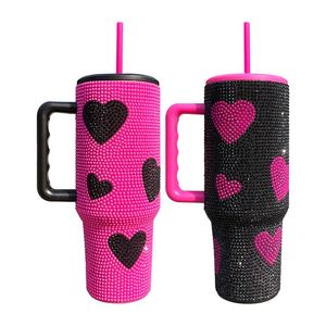 <b>Reusable</b> Insulated Vacuum <b>Cup</b> Sweet Heart Printed Bling 40oz Coffee Travel Mug Pattern Tumbler <b>With</b> Handle - Product Image 1