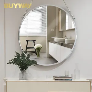 Espelho redondo de metal para decoração de parede, espelho redondo dourado com corrente, para banheiro, hotel, quarto, sala de estar, decoração circular