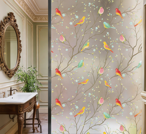 Autocollants décoratifs en verre dépoli avec des oiseaux peints de style dessin animé, <span class=keywords><strong>film</strong></span> opaque anti-regard pour la maison, la salle de bain, les fenêtres en verre - Product Image 1