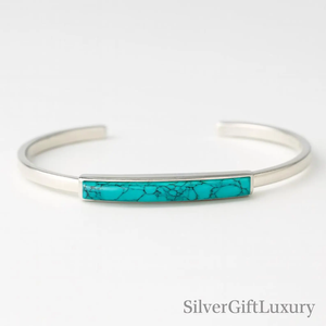 Bracelet manchette en argent sterling avec barre turquoise, style bohème minimaliste, fait main, bijou en pierre naturelle, élégant et réglable - Product Image 4
