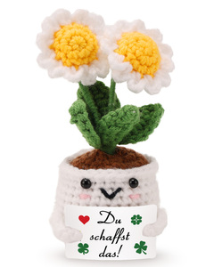 Muñeca de ganchillo hecha a mano con forma de margarita en maceta, adorno de maceta de flores tejido con tarjeta de logotipo personalizado - Product Image 1