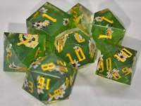 Jeu de dés en résine verte à motifs floraux, 7 pièces, dés de jeu polyédriques avec numérotation dorée pour jeux de société de rôle sur table