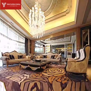 Divano in Legno Massello Intagliato Stile Neoclassico Europeo, Combinazione di Divani in Tessuto con Bottoni per Soggiorno di Appartamenti Grandi, Medi e Piccoli - Product Image 1