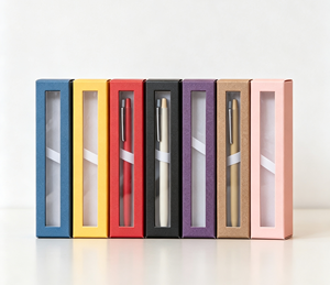 Boîte à stylos en papier de couleur unie avec couvercle et base, fenêtre transparente, boîte cadeau bronzée, design rectangulaire, emballage de luxe pour stylos - Product Image 6