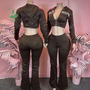 Herbst Winter Damen bekleidung Reiß verschluss Crop Jacke und Jogging hose Casual Outfits 2-teiliges Hosen-Set Damen bekleidung Streetwear - Product Image 1