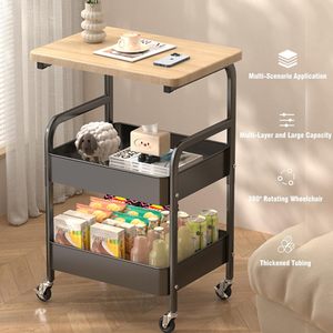Carrello portaoggetti mobile a 3 ripiani con piano in legno e cestini in rete metallica - Product Image 5