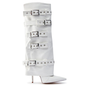 Women's Overlay Fashion Long Boots Slim High-Heeled Pointed Toe Pants Knee High <b>Booties</b> Belt Metal Buckles Shoes - Product Image 6