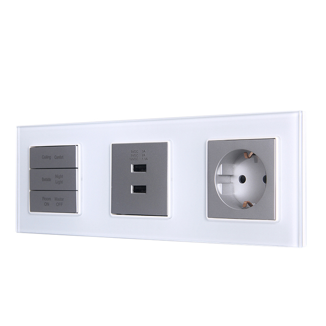 3 Connected Tempered Glass Socket White Dual USB Charging Smart Home 3 Button Wall Switch