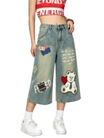 Jean vintage délavé pour femme, coupe large, avec patch ours mignon et imprimé lettres, pantalon capri en denim 7/8