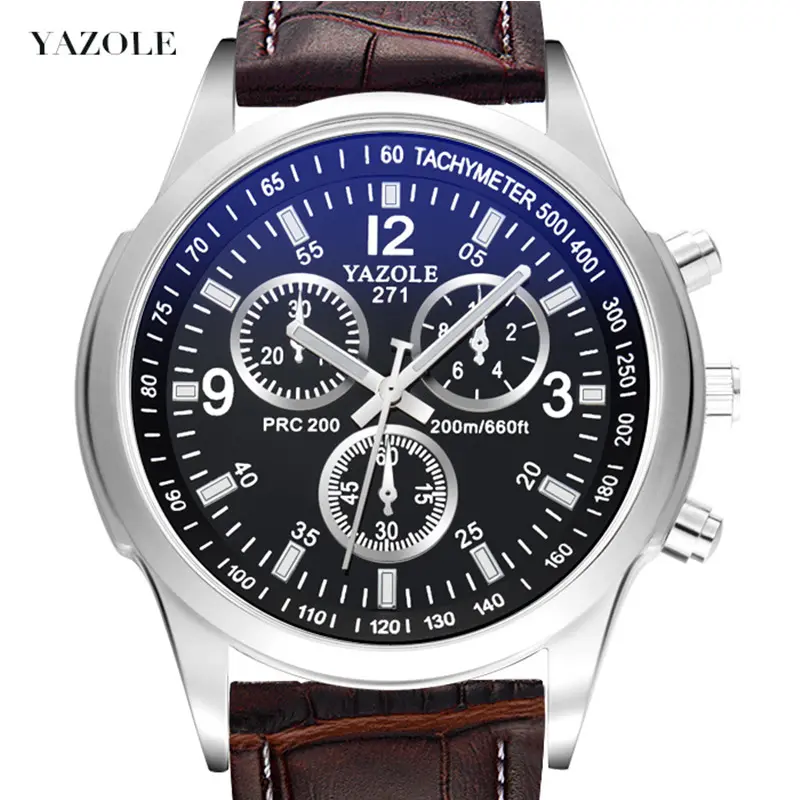 Fashion Men Watch Brand Yazole Blue Glass Surface Quartz Watches Business Unique Leisure Leather Clock Relogio Masculino