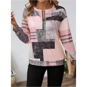 Sudadera personalizada para mujer con bloques de color estampados, media cremallera, cuello redondo, manga larga, estilo casual. - Product Image 6
