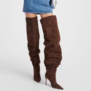 Wide Fit Thigh High Booties Women Pleated Stiletto High Thin Heels Shoes Suede PU Over the Knee Sexy Pointy Toe Pumps - Product Image 1