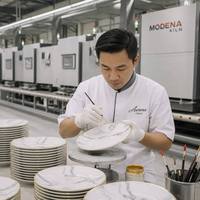 Service de vaisselle en céramique marbrée cuite à haute température, ultra-durable, en porcelaine de qualité supérieure, avec bordures dorées artisanales