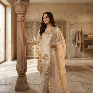 Presenting New Designer Collection In <b>SILK</b> With Heavy Embroidery Sequence Work Top-Bottom And Dupatta Set Fully Stitched - Product Image 1