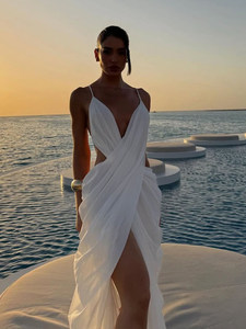 Abito lungo da donna in cashmere <span class=keywords><strong>bianco</strong></span> <span class=keywords><strong>con</strong></span> scollo a V, spalline sottili, design sexy per le vacanze, <span class=keywords><strong>con</strong></span> <span class=keywords><strong>spacco</strong></span> alto e schiena scavata - Product Image 5