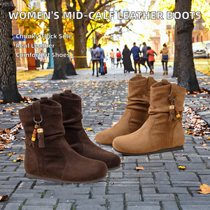 Botas de Invierno de Media Pantorrilla para Mujer, Estilo Occidental, Tallas Grandes, de Cuero Genuino, con Tacón Grueso y Plataforma, Estilo Universitario - Product Image 2