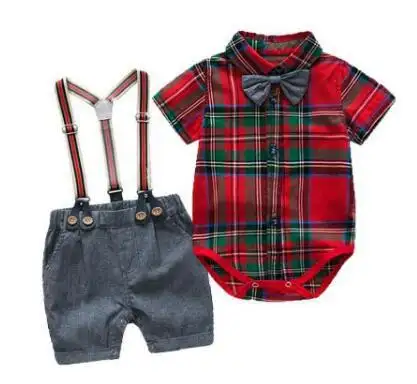 KB8008 Venta caliente 2024 verano rojo Plaid camisas Caballero mameluco pantalones cortos conjunto infantil bebé niño ropa 3-6 meses ropa para niños