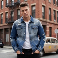 Veste en jean vintage pour homme, effet vieilli, avec éclaboussures de peinture et déchirures, style trucker, stock USA