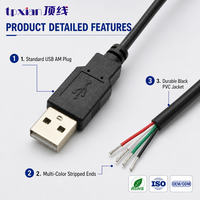 Câble USB 2.0 personnalisé mâle A vers fil nu étamé à extrémité ouverte, câble de charge et de données USB 4 conducteurs pour contrôle industriel