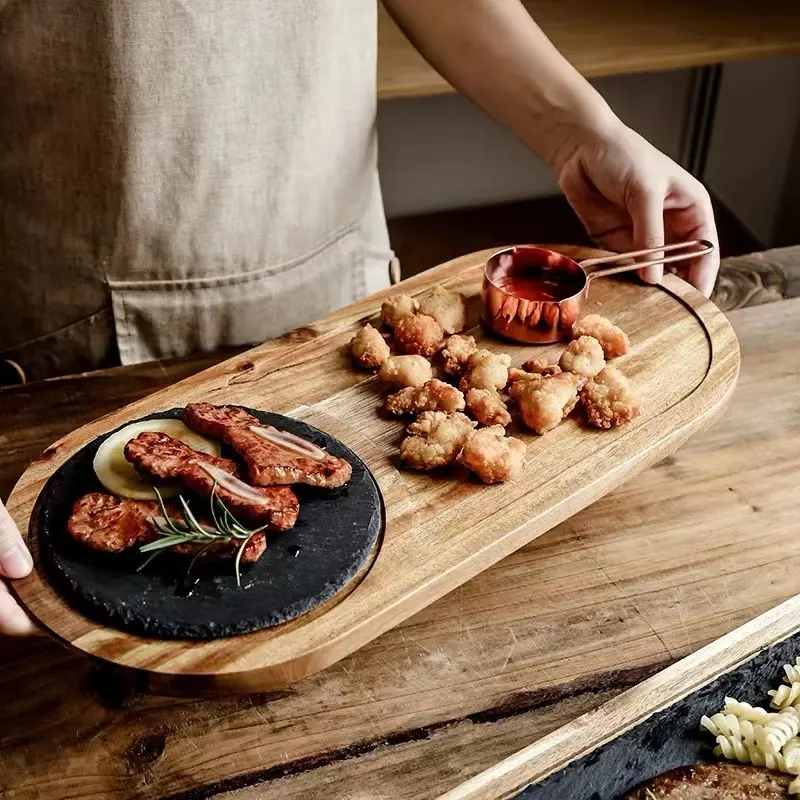 Acacia nampan makan malam persegi mewah, piring kayu Steak, tas Opp kayu modis Modern untuk makan malam restoran